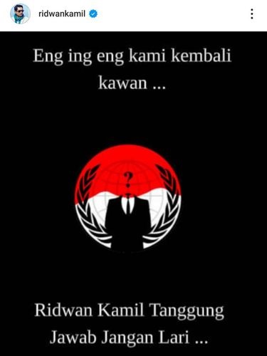 Akun Instagram Ridwan Kamil diretas. Muncul unggahan bernada ancaman. Pengacara: Ridwan Kamil tak bertanggung jawab atas konten tersebut