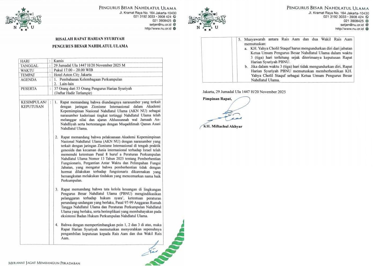 Ini PENAMPAKAN Risalah Syuriah PBNU yang ULTIMATUM Gus Yahya Mundur