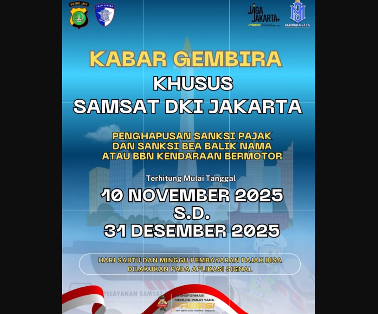 PEMUTIHAN PAJAK KENDARAAN JAKARTA! Bayar Pokoknya Saja, Denda Otomatis Dihapus