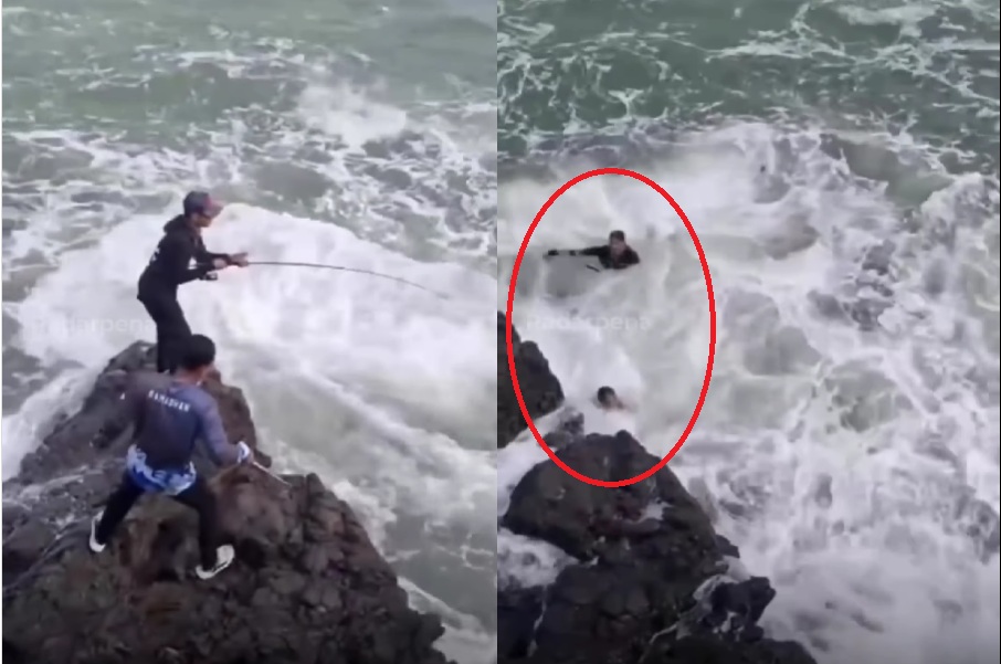 2 Pemancing terseret ombak