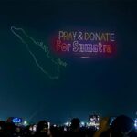 Pertunjukan drone light show di Pantai Lagoon, Ancol.
