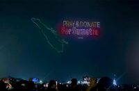 Pertunjukan drone light show di Pantai Lagoon, Ancol.